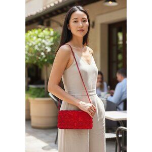 Vintage 90s Red Beaded Evening Clutch Purse Crossbody Floral Handmade Y2K